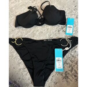 Beach Bunny NWT  Black Bikini Set‎ XL Top & 16 Bottom Gold Ring Detail